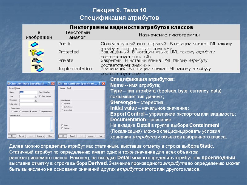 Лекция 9. Тема 10 Спецификация атрибутов Спецификация атрибутов: Name -- имя атрибута; Type --
